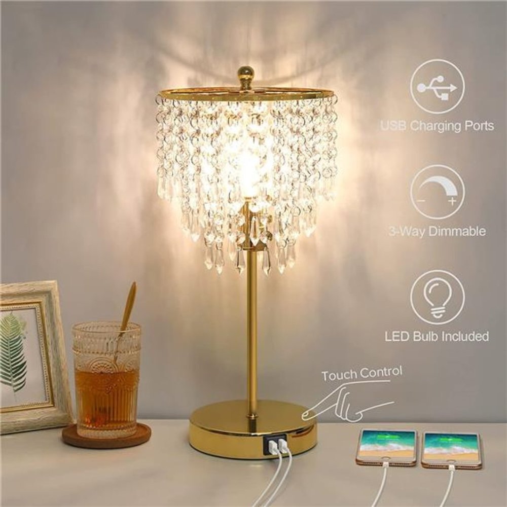 Touch Control Crystal Table Lamp with Dual USB Ports, 3-Way Dimmable Gold Lamp
